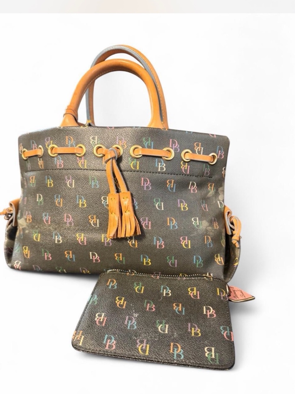 Dooney & Bourke Vintage Y2K Multi-Color Tassel Tote With Matching Keychain Pouch